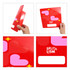 A custom-shaped paper fan in red featuring pink heart designs and a logo. The fan has no handles.