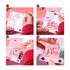 A pink notepad shaped like a handbag features floral designs and a decorative bow, showcasing various stages of use.