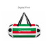 A foldable duffel bag in red, green, and white stripes with a black and white soccer ball design and a logo.