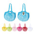 Two mesh grocery bags in blue, with a logo, alongside bags in yellow, pink, red, and white.