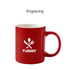 A red ceramic mug with a white logo featuring utensils and the word "YUMMY." The mug has a smooth finish and a handle.
