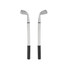 Two silver golf clubs with black grips, featuring distinct club head designs. The image also includes a logo.