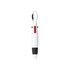A white and black pen with a red button and a carabiner clip, featuring a logo.
