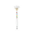 A pen with a white body, a smiling character head, and a colourful striped tie. It features a branding logo.