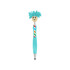 A turquoise pen topped with a smiling face and fun, fluffy turquoise hair. It features a colourful striped tie and a logo.