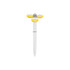 A fidget pen with a white body and yellow spinning top, featuring a shiny silver centre. It has a logo.