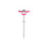 A fidget pen in white with pink accents, featuring a spinning top design and a silver accent. It has a logo.
