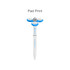 A fidget pen in white with blue accents and three circular tops, featuring a logo on the barrel.