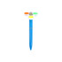 A blue pen with a spinning top featuring orange, yellow, green, and white accents. Includes a branding logo.
