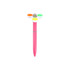 A pink fidget pen with a spinning top featuring coloured buttons in orange, yellow, green, and white.