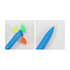 A blue pen with a spinning fidget topper featuring green, yellow, orange, and white sections. It includes a silver clip.