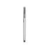 A silver pen with a shiny finish, featuring a clip and a slim design. It has a logo on the side.