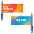 A blue pen with a dual-sided banner displaying promotional messages in orange and blue gradients. Features a logo.