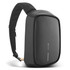 A black sling bag with a slim design, featuring a textured surface and a strap for easy carrying.