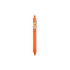 An orange acrylic pen with a clip and a logo featuring a drink illustration.