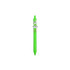 A bright green acrylic pen with a clip and a logo on the barrel.