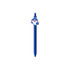 A blue acrylic pen featuring a shark design at the top, with a logo included.
