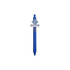A blue custom pen with a clip and an attached logo. The pen has a smooth body and a click mechanism.