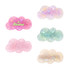 Five iridescent hair clips in cloud shapes, featuring colours like pink, green, and clear. Includes a branded logo.