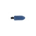 A denim hair clip in a blue hue with a stitched design and a black clasp. It features a branding logo.