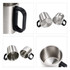 A stainless steel insulated mug in silver with a black plastic handle, showing interior and exterior views.