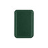 A green PU magnetic phone card holder with a smooth finish and stitching around the edges. It features a logo.