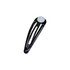 A black hair clip with a white circular embellishment and an elongated design. The image includes a visible logo.