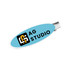 An oval acrylic hair clip in blue, featuring a logo on a white background.