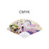 A plastic hand fan featuring various colourful designs and illustrations, with a white handle and blade sections.