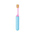A foldable soft bristle toothbrush with a pink head and blue handle, featuring a branding logo.