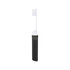 A transparent foldable handle toothbrush in white and black, featuring a logo on the handle.