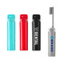 A foldable toothbrush in silver with a brush head, accompanied by blue, red, and black dental-themed containers.