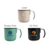 A stainless steel insulated mug in tan, green, and black, each featuring different logos and prints.