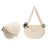 A beige casual crossbody bag with a flap and adjustable strap, featuring a logo on the front.