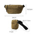 A large, khaki bum bag with multiple zippered compartments and an adjustable strap. Measurements are included in the image.