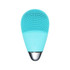 A teal silicone facial cleansing brush featuring a textured surface and control buttons. It has a metallic base.