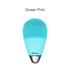 A silicone facial cleansing brush in light blue, featuring a textured surface and control buttons, with a logo.