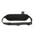 A black fanny pack with a mesh back and adjustable straps, featuring a bottle holder and a branding logo.