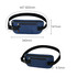 A blue fanny pack with dimensions displayed, featuring multiple zippered pockets and an adjustable strap.
