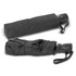 A black Dew Drop Umbrella, fully closed and folded, with a matching cover and a handle featuring a logo.