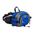 A drink bottle holder waist bag in blue and grey with multiple compartments and a logo.
