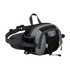 A drink bottle holder integrated into a black and grey waist bag, featuring various pockets and an adjustable strap.