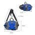 A drink bottle holder waist bag in blue and grey with adjustable straps and a logo. Dimensions are 23cm x 18cm x 11cm.