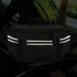 A black expandable bum bag with reflective strips, featuring multiple zippered pockets and a sturdy handle.