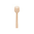 A small disposable birch fork in natural wood colour, featuring three prongs and a long handle.