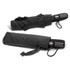 A black compact umbrella with a handle and a matching cover, featuring a logo on the handle.