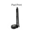 A black fixed signature pen with a coiled cord attached to a round base. The base has a logo.