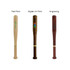 A commercial baseball bat-shaped pen in various finishes: light wood, dark wood, and polished red-brown, all with branding.