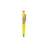 A yellow and purple pen with a rocket-shaped top and a clip. Features a branding logo.