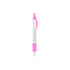 A pen with a white barrel and bright pink grip and clip, featuring a transparent window.
